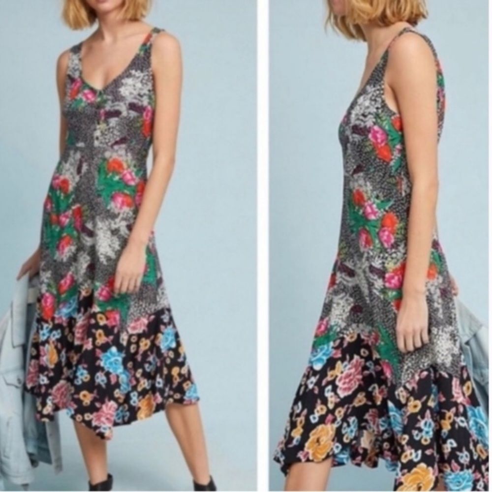 ANTHROPOLOGIE Maeve Violette Midi Sleeveless Dress Black Floral Multi - Picture 1 of 8